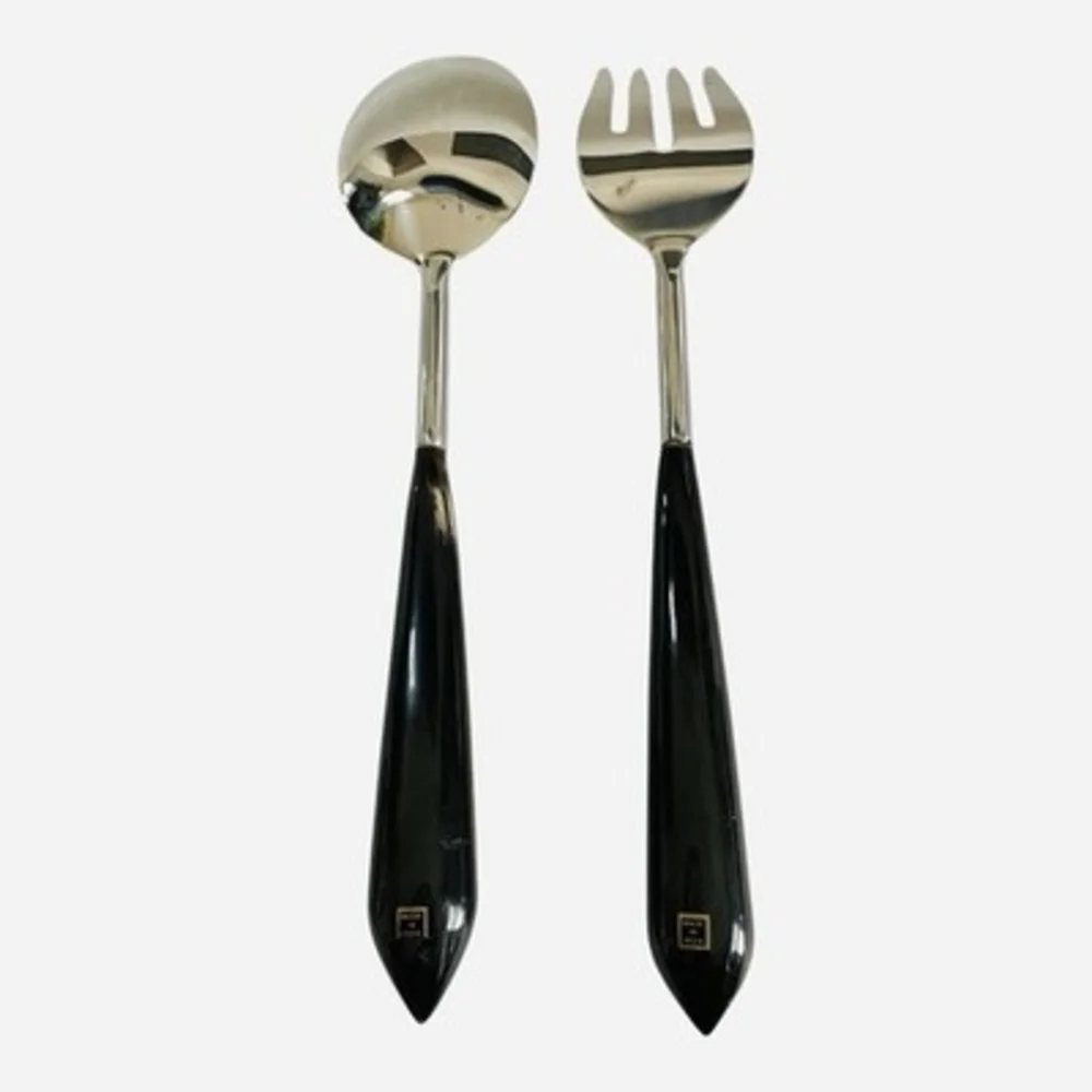 Mid Century Modern Stainless Steel Salad Serving Set Black Handles Vintage NWOT